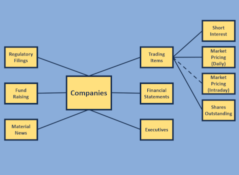 A database design that illustrates data integration. Companies have been linked to different sources of data including securities, executives, regulatory filings, short interest, fundraising, and fundamentals.